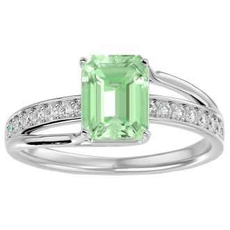 1 3/4 Carat Emerald Shape Green Amethyst and Diamond Ring In 14 Karat White Gold