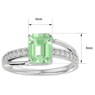 1 3/4 Carat Emerald Shape Green Amethyst and Diamond Ring In 14 Karat White Gold