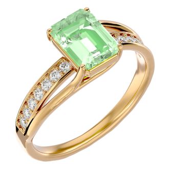 1 3/4 Carat Emerald Shape Green Amethyst and Diamond Ring In 14 Karat Yellow Gold