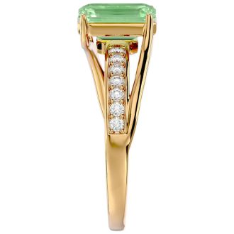 1 3/4 Carat Emerald Shape Green Amethyst and Diamond Ring In 14 Karat Yellow Gold