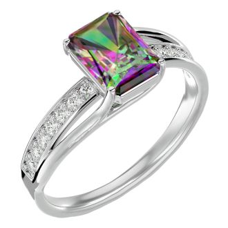1-3/4 Carat Emerald Shape Mystic Topaz Ring and Diamonds In 14 Karat White Gold