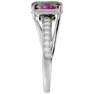 1-3/4 Carat Emerald Shape Mystic Topaz Ring and Diamonds In 14 Karat White Gold