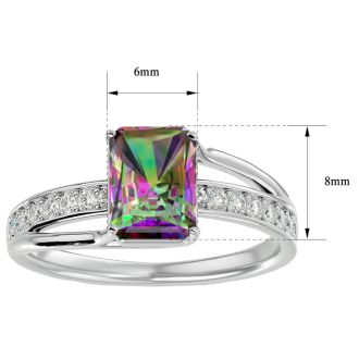 1-3/4 Carat Emerald Shape Mystic Topaz Ring and Diamonds In 14 Karat White Gold