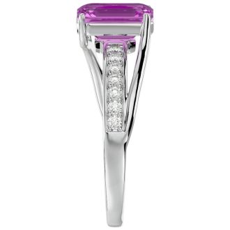 Pink Gemstones 2 Carat Emerald Shape Pink Topaz and Diamond Ring In 14 Karat White Gold