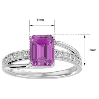 Pink Gemstones 2 Carat Emerald Shape Pink Topaz and Diamond Ring In 14 Karat White Gold