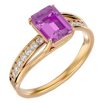 Pink Gemstones 2 Carat Emerald Shape Pink Topaz and Diamond Ring In 14 Karat Yellow Gold