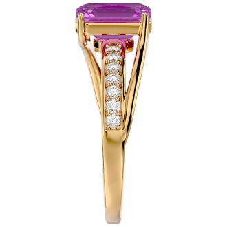 Pink Gemstones 2 Carat Emerald Shape Pink Topaz and Diamond Ring In 14 Karat Yellow Gold