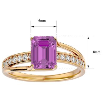 Pink Gemstones 2 Carat Emerald Shape Pink Topaz and Diamond Ring In 14 Karat Yellow Gold