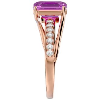 Pink Gemstones 2 Carat Emerald Shape Pink Topaz and Diamond Ring In 14 Karat Rose Gold