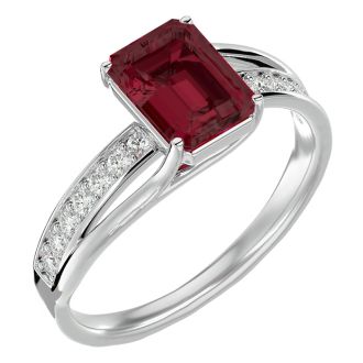 Garnet Ring: Garnet Jewelry: 2 Carat Emerald Shape Garnet and Diamond Ring In 14 Karat White Gold