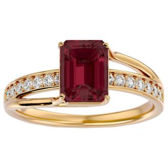 Garnet Ring: Garnet Jewelry: 2 Carat Emerald Shape Garnet and Diamond Ring In 14 Karat Yellow Gold