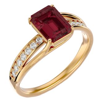 Garnet Ring: Garnet Jewelry: 2 Carat Emerald Shape Garnet and Diamond Ring In 14 Karat Yellow Gold