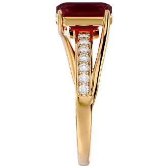 Garnet Ring: Garnet Jewelry: 2 Carat Emerald Shape Garnet and Diamond Ring In 14 Karat Yellow Gold