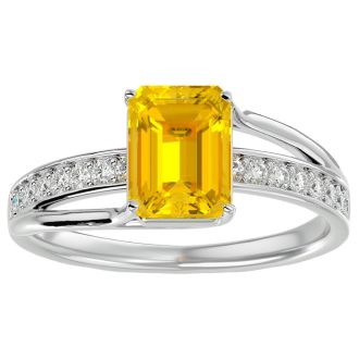 1 3/4 Carat Emerald Shape Citrine and Diamond Ring In 14 Karat White Gold