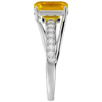 1 3/4 Carat Emerald Shape Citrine and Diamond Ring In 14 Karat White Gold