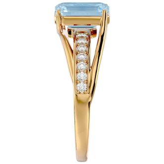 Aquamarine Ring: Aquamarine Jewelry: 1 1/2 Carat Emerald Shape Aquamarine and Diamond Ring In 14 Karat Yellow Gold