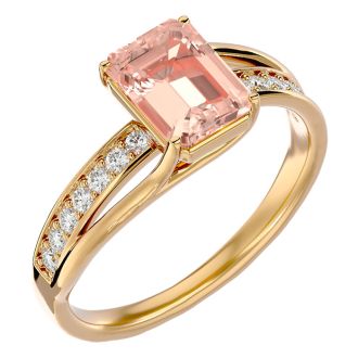 1-1/2 Carat Emerald Shape Morganite and Diamond Ring In 14 Karat Yellow Gold