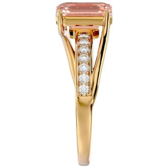1-1/2 Carat Emerald Shape Morganite and Diamond Ring In 14 Karat Yellow Gold