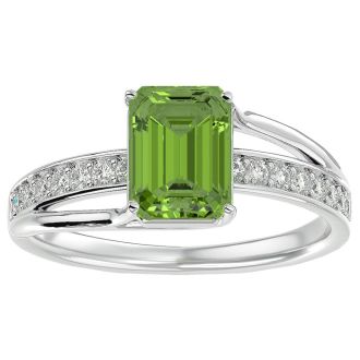 2 Carat Emerald Shape Peridot and Diamond Ring In 14 Karat White Gold