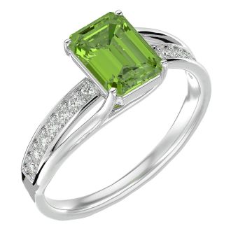 2 Carat Emerald Shape Peridot and Diamond Ring In 14 Karat White Gold