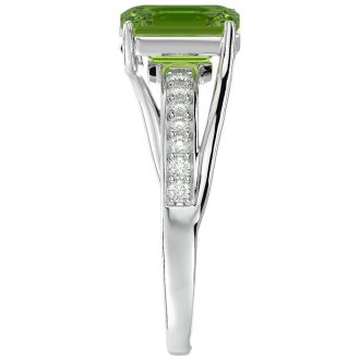 2 Carat Emerald Shape Peridot and Diamond Ring In 14 Karat White Gold