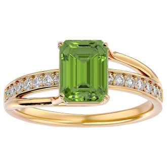 2 Carat Emerald Shape Peridot and Diamond Ring In 14 Karat Yellow Gold