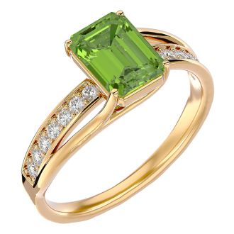 2 Carat Emerald Shape Peridot and Diamond Ring In 14 Karat Yellow Gold