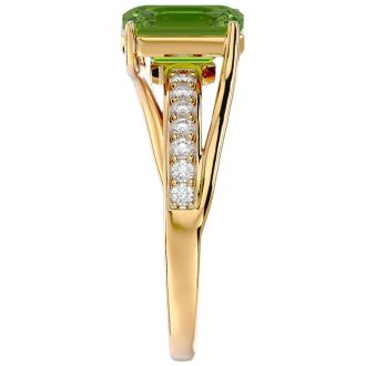 2 Carat Emerald Shape Peridot and Diamond Ring In 14 Karat Yellow Gold