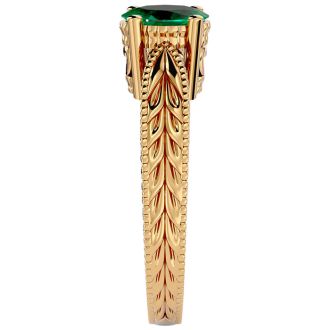 3/4 Carat Oval Shape Emerald Ring With Tapered Etched Band In 14 Karat Yellow Gold