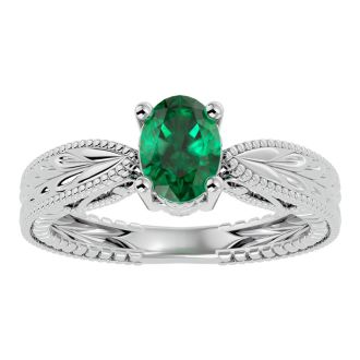 1 Carat Oval Shape Emerald Ring With Tapered Etched Band In 14 Karat White Gold