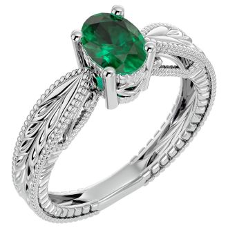 1 Carat Oval Shape Emerald Ring With Tapered Etched Band In 14 Karat White Gold