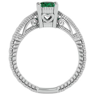 1 Carat Oval Shape Emerald Ring With Tapered Etched Band In 14 Karat White Gold
