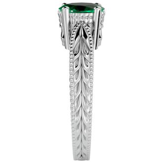 1 Carat Oval Shape Emerald Ring With Tapered Etched Band In 14 Karat White Gold