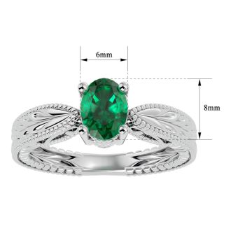 1 Carat Oval Shape Emerald Ring With Tapered Etched Band In 14 Karat White Gold