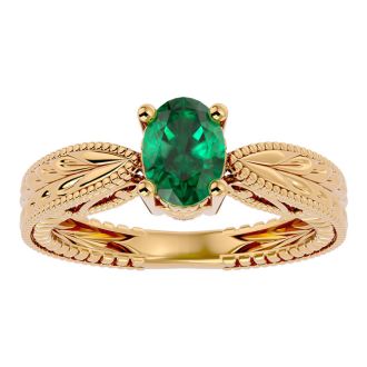 1 Carat Oval Shape Emerald Ring With Tapered Etched Band In 14 Karat Yellow Gold