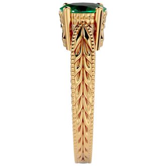 1 Carat Oval Shape Emerald Ring With Tapered Etched Band In 14 Karat Yellow Gold