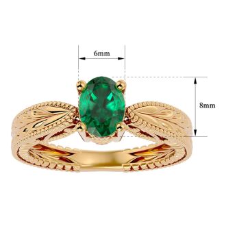 1 Carat Oval Shape Emerald Ring With Tapered Etched Band In 14 Karat Yellow Gold