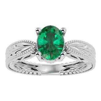 2 Carat Oval Shape Emerald Ring With Tapered Etched Band In 14 Karat White Gold