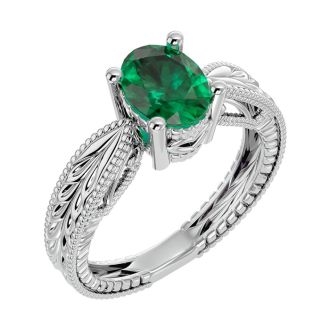 2 Carat Oval Shape Emerald Ring With Tapered Etched Band In 14 Karat White Gold