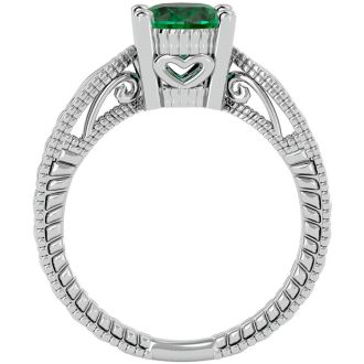 2 Carat Oval Shape Emerald Ring With Tapered Etched Band In 14 Karat White Gold