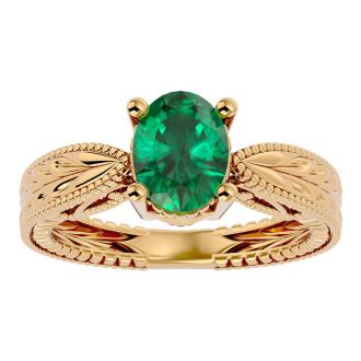 2 Carat Oval Shape Emerald Ring With Tapered Etched Band In 14 Karat Yellow Gold