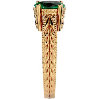 2 Carat Oval Shape Emerald Ring With Tapered Etched Band In 14 Karat Yellow Gold