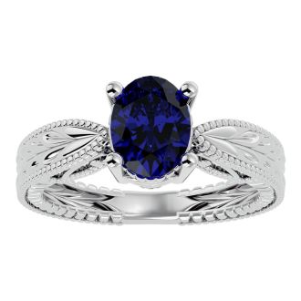 2 3/4 Carat Oval Shape Sapphire Ring With Tapered Etched Band In 14 Karat White Gold