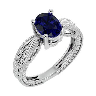 2 3/4 Carat Oval Shape Sapphire Ring With Tapered Etched Band In 14 Karat White Gold