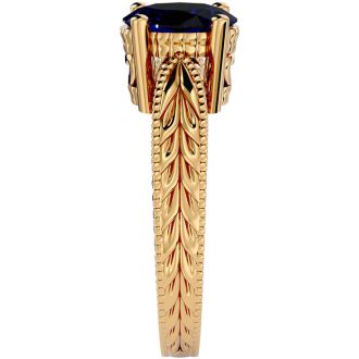 2 3/4 Carat Oval Shape Sapphire Ring With Tapered Etched Band In 14 Karat Yellow Gold