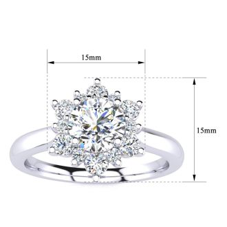 Moissanite Engagement Ring; 2 3/4 Carat Round Shape Flower Halo Moissanite Engagement Ring In 14 Karat White Gold