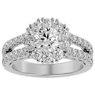 Moissanite Engagement Ring; 2 1/4 Carat Moissanite Halo Engagement Ring In 14 Karat White Gold