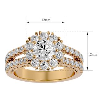 Moissanite Engagement Ring; 2 1/4 Carat Moissanite Halo Engagement Ring In 14 Karat Yellow Gold