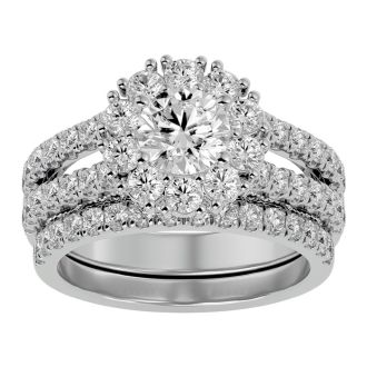 Moissanite Engagement Ring; 2 1/2 Carat Moissanite Bridal Set In 14 Karat White Gold
