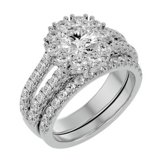 Moissanite Engagement Ring; 2 1/2 Carat Moissanite Bridal Set In 14 Karat White Gold